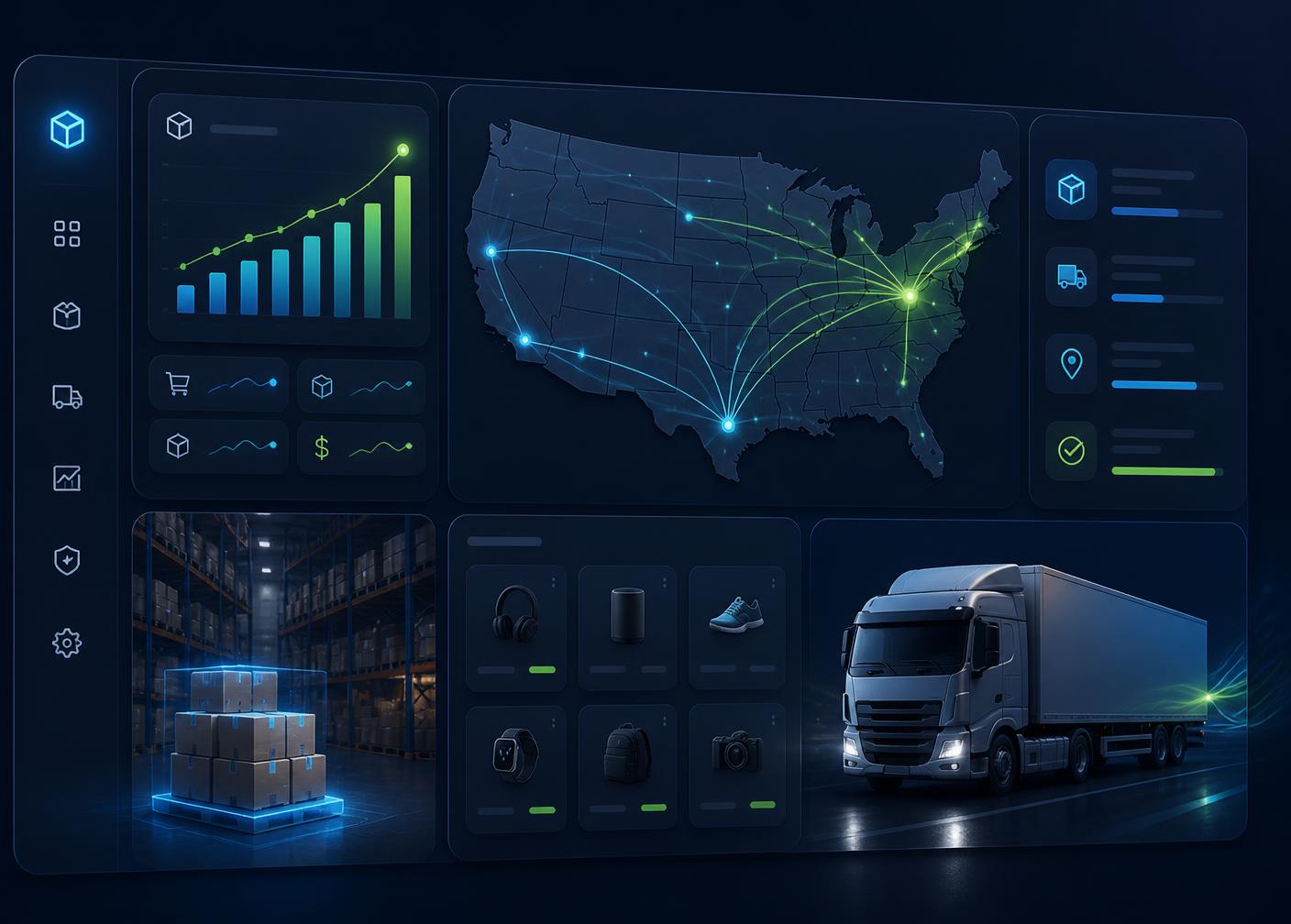Alor Ghor BD warehouse dashboard showing US shipping routes, live order analytics, and same-day fulfillment